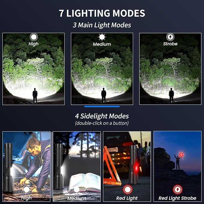 BERCOL Flashlights High Lumens Rechargeable, 90000 Lumens Super Bright Led Flashlight, 7 Modes Brightest Powerful Flash Light with COB Light, IPX6 Waterproof Handheld Flashlights for Camping Home