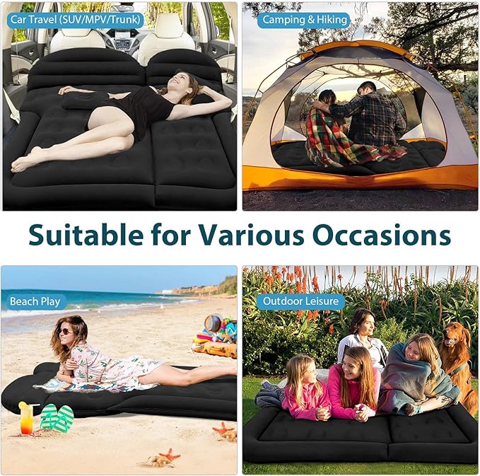ISWEES Car Bed SUV Air Mattress, Car Air Mattress with Home Power Adapter, Electric Pump, 2 Inflatable Pillows and 2 Footrests for Back Seat, Side Seat,Trunk Sleeping, Thickened Camping Bed - Black