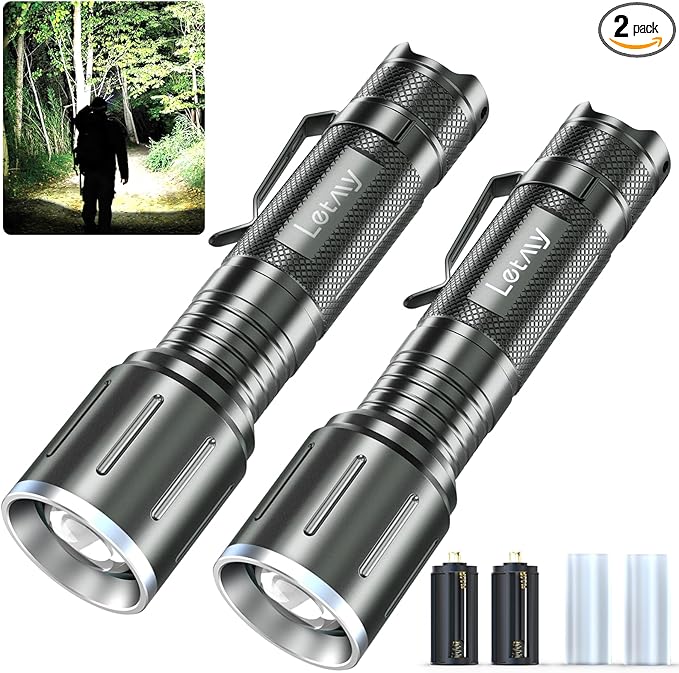 LETMY LED Flashlight 2 Pack - Super Bright Tactical Flashlights High Lumens - Zoomable, 5 Modes Flash Light, Waterproof Powerful Flashlights for Hurricane Home Emergency Camping Outdoor