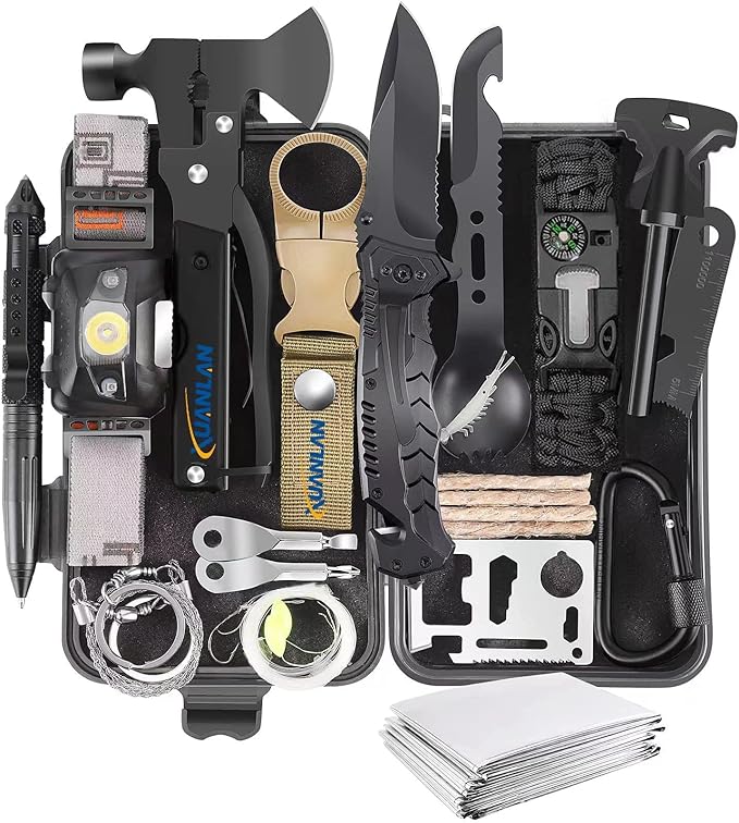 XUANLAN Emergency Survival Kit, Outdoor Survival Gear Tool with Survival Bracelet, Fire Starter, Whistle, Wood Cutter, Water Bottle Clip, Pen (29 in 1)