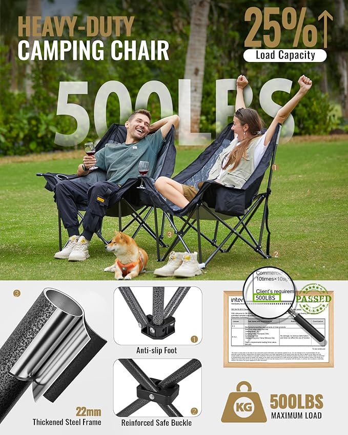 KingCamp Oversized XL Camping Chair, Heavy Duty 500lbs Folding Couch for Adults, Padded Large Comfortable Sofa Seat with Cooler Bag Cup Holder for Outdoor Sports Fishing Patio Lawn, Black/Grey