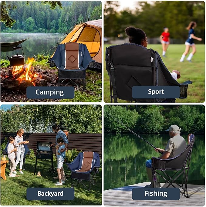 Oversized Camping Chair for Large Adults Heavy Duty 400 lbs Capacity, Comfortable Padded Folding Lawn Chair with Back & Headrest Support and Cup Holder, Portable Outdoor Chair with Carry Bag