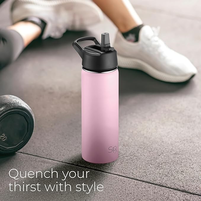 SipX™ Triple-Insulated Stainless Steel Water Bottle 18oz. With 3 Lids, BPA-Free Reusable Insulated Water Bottle Keeps Cold 24 Hours, (Pink)