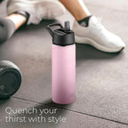 SipX™ Triple-Insulated Stainless Steel Water Bottle 18oz. With 3 Lids, BPA-Free Reusable Insulated Water Bottle Keeps Cold 24 Hours, (Pink)