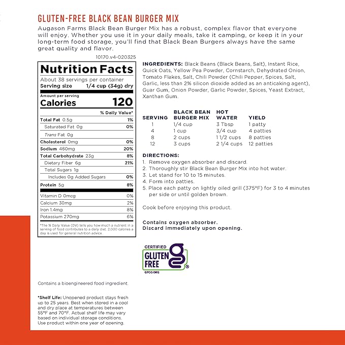 Augason Farms Black Bean Burger Mix Can, Certified Gluten Free, Emergency Food Supply, Everyday Meals, 38 Servings