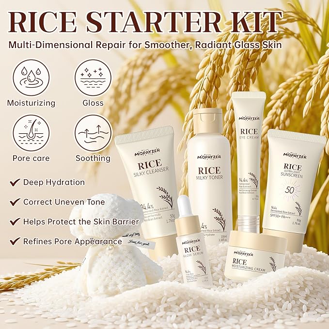 7PCS Rice Skincare Set Gift Box, Korean Hydrating Skin Care for Girls Teens Women, Cleanser Toner Serum Cream Eye Cream Sunscreen with Towel Bear Ornament, Daily Skincare Routine Gift Kit