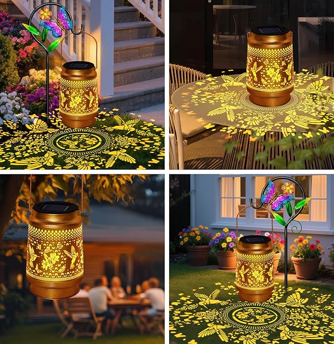 Hummingbird Solar Lantern with Butterfly Shepherd Hook, Mom Gifts for Mothers Day & Birthday, Hummingbird & Butterfly Design, Outdoor Waterproof Metal Decor for Yard, Patio, Porch, Lawn & Tabletop