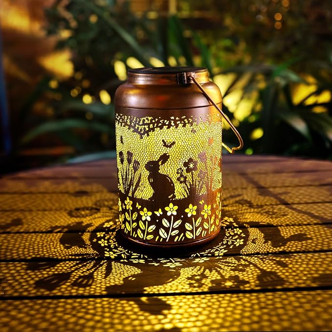 Rabbit Solar Lanterns Outdoor Waterproof Hanging Bunny Solar Lights Metal Decoration Outside for Yard,Patio,Porch, Pathway, Lawn, Garden Decor Lantern Birthday Gifts for Women Mom Grandma