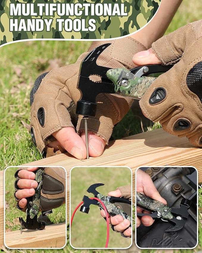 WORKPRO Multitool-12 in 1 Camping Tools with Mini Hammer-EDC Gear Multi Tools Hammer with Safety Lock and Pouch-Mini Multitools Gifts for Men and Women-Camouflage