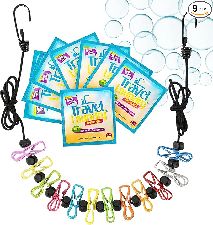 TidyFriend 8 Pack Sink Travel Laundry Detergent 10 ml + Clothes Line with 12 Clip, Portable Clothesline Kit, Travel Detergent Packets for Sink Washing, Must Haves Laundry Essentials