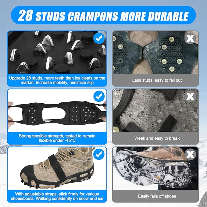 Ice Cleats Snow Walk Traction Cleats Crampon for Walking on Snow and Ice Upgrade 28 Studs Non-Slip Overshoe Rubber Anti Slip Crampons Slip-on Stretch Footwear