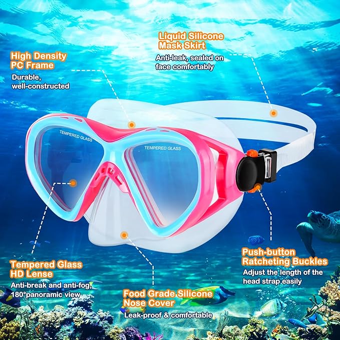 Kids Snorkel Set Dry Top Snorkeling Gear for Kids Boys Girls Youth Junior Age 5-15, Anti-Fog Anti-Leak Snorkel Mask Scuba Diving Mask Swimming Goggles with Nose Cover