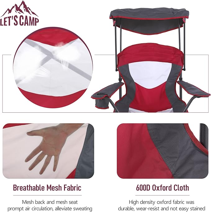 LET'S CAMP Camp Chair with Shade Canopy Folding Camping Chair with Cup Holder and Carry Bag for Outdoor Camping Hiking Beach, Heavy Duty 350 LBS