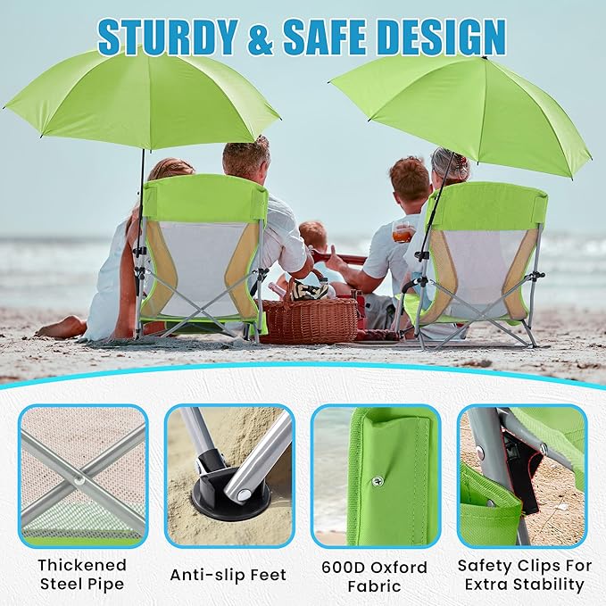 Lamberia Folding Beach Chair with Umbrella for Adults, Portable Low Beach Chairs with 300lbs Capacity, Lightweight Fodable Camping Chair for Travel, Picnic, Concert & Outdoor Activities,Green-Yellow