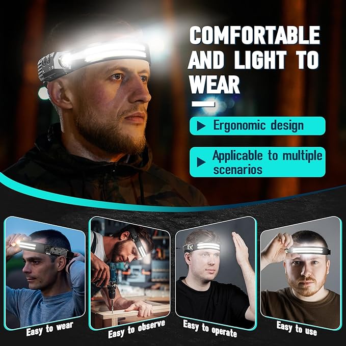 Rechargeable Headlamp 8 Pack, LED Headlight Flashlight Super Bright with 230° Wide Beam, Motion Sensor, 5 Modes Waterproof Head Lamp for Outdoor Hiking Running Camping