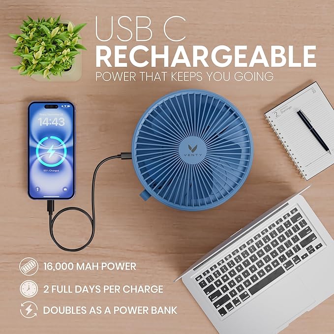 VENTY Portable Fan - Wireless Battery Operated Fan - 4 Speeds - LED Lighting - Carry Case & Remote Control - Cruise Travel - Outdoor Travel RV Power Bank With USB-C Port (Blue with Case)