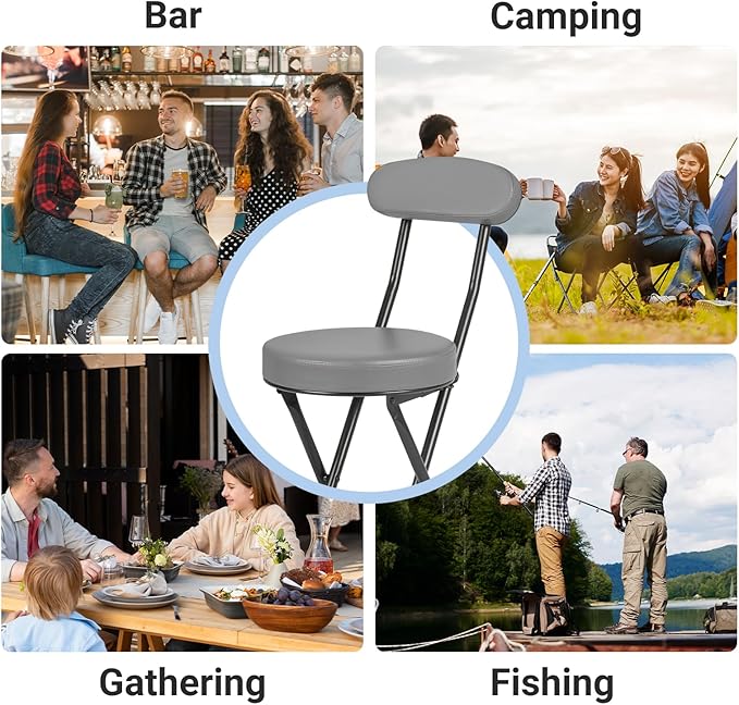 Cushioned Padded Folding Stools, Folding Bar Stool with Backrest, 220lb Capacity, 19 Inch Collapsible Round Portable Foldable Chair for Outdoor Indoor Kitchen Camping Fishing (Grey, 2 Pack)