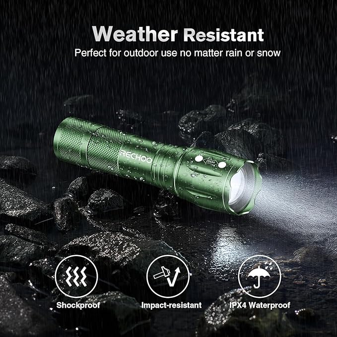 RECHOO LED Flashlight 2 Pack Green, Tactical Flashlights High Lumens with 3 Modes, Pocket Small Flash Light, Waterproof Zoomable Flashlights for Home Emergency, Camping Essentials (Battery Included)