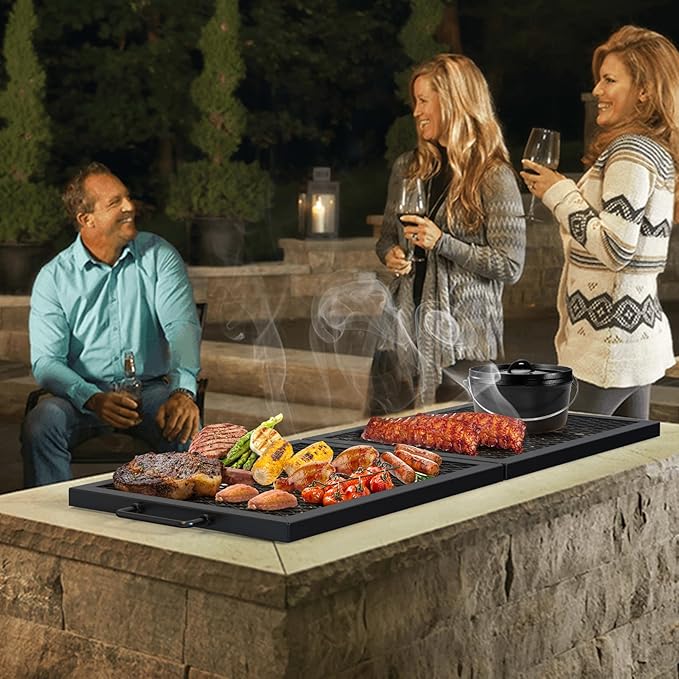 only fire Foldable X-Marks Fire Pit Cooking Grate, Portable Rectangle Campfire Grill Grate with Handles, Heavy Duty Steel Campfire BBQ Grill for Outdoor, 40 inch