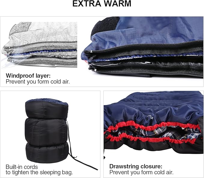 REDCAMP Cotton Flannel Sleeping Bag for Camping Backpacking, Adults Cold Weather Envelope Sleeping Bags with 2/3/4/6lbs Filling