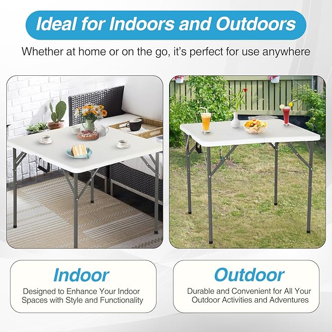 FDW 34" Folding Card Table Plastic Table Portable Square Height Dining Table Perfect for Party and Parties Backyard Events, White