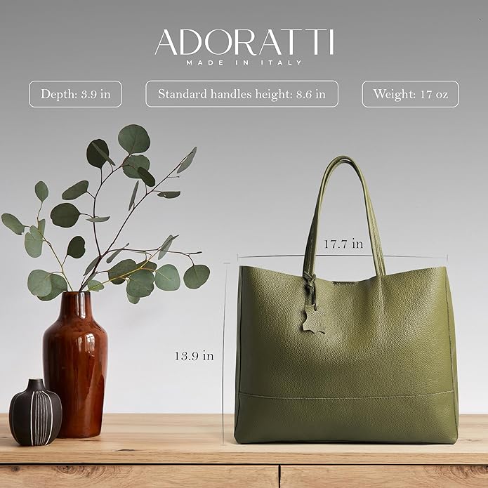 Italian Leather Tote Bag for Women - Large Shoulder Shopper, Fits 16” Laptop, Keychain Holder, Made in Italy