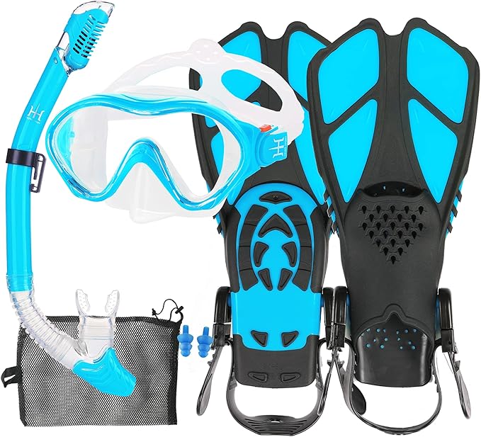 Kids Mask Fins Snorkel Set Snorkeling Packages, with Diving Mask, Snorkel, Adjustable Swim Fins, Mesh Bag, Anti-Fog Anti-Leak Snorkeling Gear for Kids for Snorkeling Swimming Diving