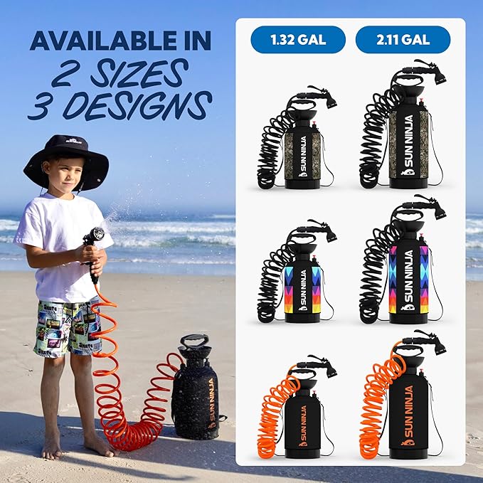 SUN NINJA Portable Shower, Camping Shower with 7 Mode Shower Head, Neoprene Cover Helps Keep Water Warm, High Pressure Hose, Easy to Carry