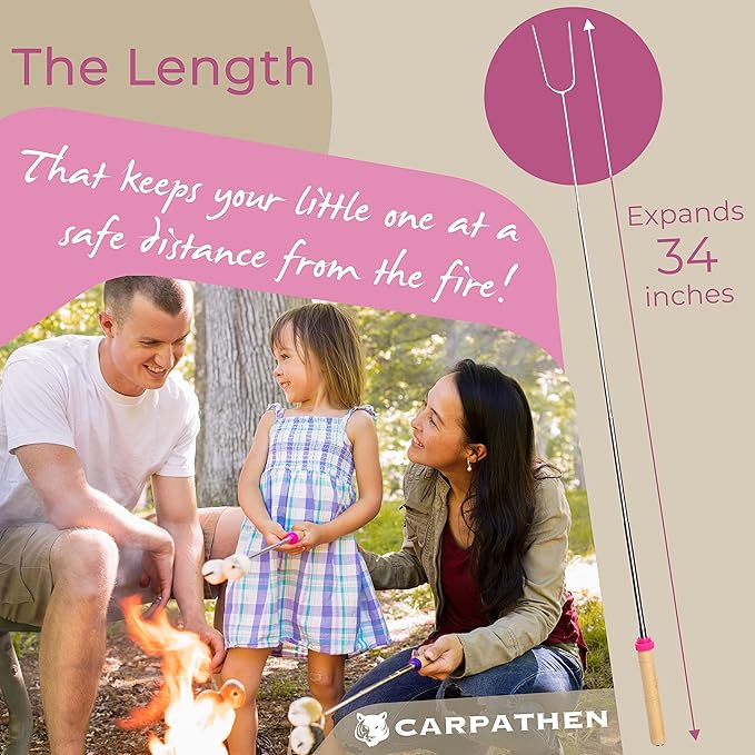 CARPATHEN Marshmallow Roasting Sticks - Set of 6 Premium Rotating Smores Sticks - Extra Long Telescoping Marshmallow Sticks for Fire Pit, Campfire & Bonfire - Camping Accessories