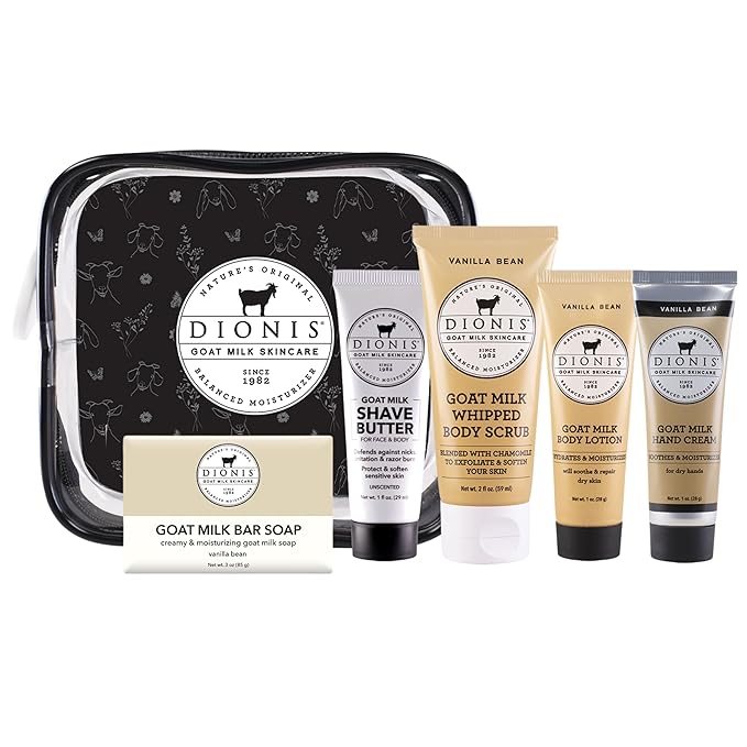 Dionis Goat Milk Vanilla Bean Hand Cream, Body Lotion, Whipped Body Scrub, Shave Butter, Bar Soap 3 oz & Carrying Case 6-Piece Travel Set