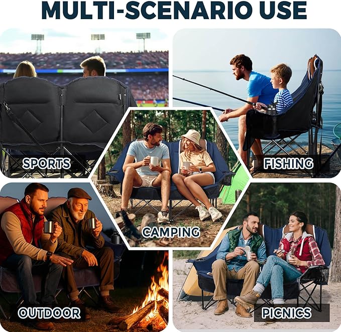 Double Camping Chair for Adults Oversized 2 Person Loveseat Chair for Heavy People, Folding Padded Outdoor Seat with Cup Holders & Carry Bag, 660 lbs Capacity, for Camping, Sports, Backyard