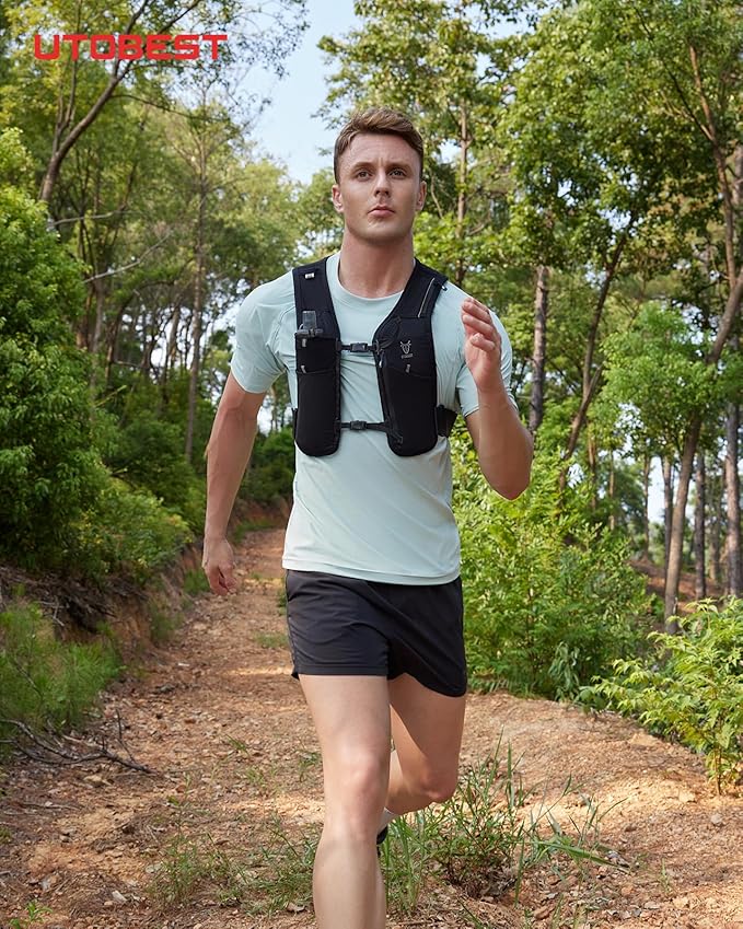 UTOBEST Running Vest for Women Men, Reflective Hydration Vest with 500ml Soft Water Bottle, 5L Phone Holder with Adjustable Belt & Ample Storage