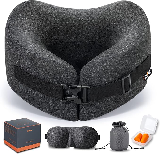 MLVOC Travel Pillow Memory Foam Neck Pillow, Adjustable Comfort Breathable Cover, Airplane Travel Set with 3D Sleep mask, Earplugs Box, for Airplane, Car, Office, Home (Full Black)