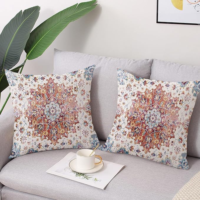 Outdoor Waterproof Pillow Covers - 18 X 18 Inch Set of 2 Blue Orange Bohemian Vintage Carpet Pattern Decorative Farmhouse Pillow Covers for Couch Garden Balcony