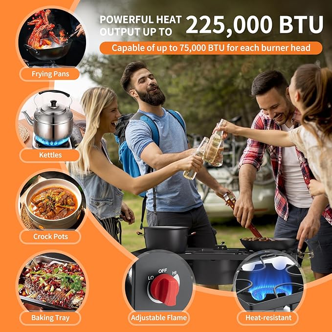 High Pressure Propane Burner, 3 Burner Camping Stove with Detachable Legs, 225,000 BTU Propane Gas Stove Burner with 0-20 PSI Regulator for Camping, Tailgating, Backyard, Outdoor Cooking