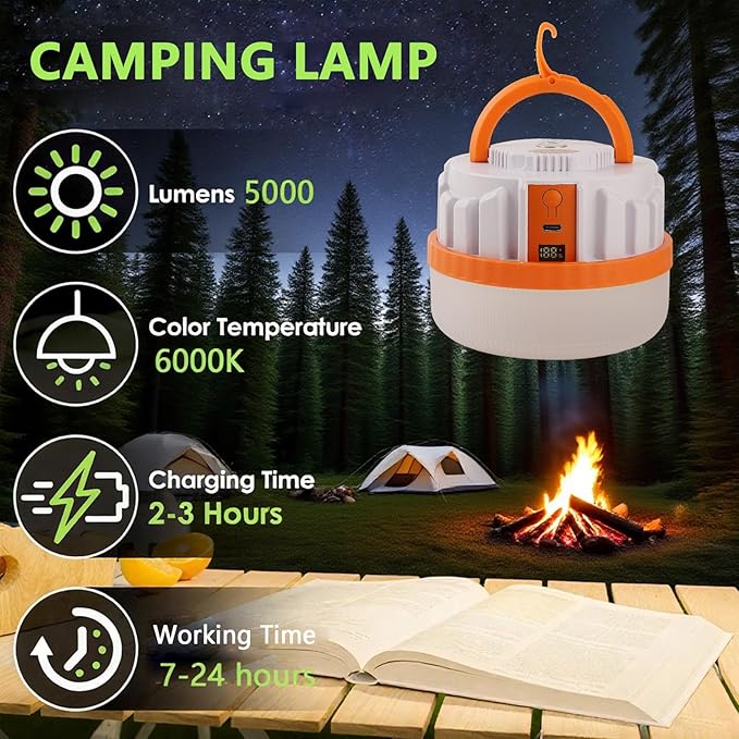 LED Camping Lantern,Scalable Foldable Camping Lamp with Digital Display Screen 5000 Lumens Rechargeable Emergency Light, 3000mAh Battery, White and Orange (Orange, 7W 3000mAh)