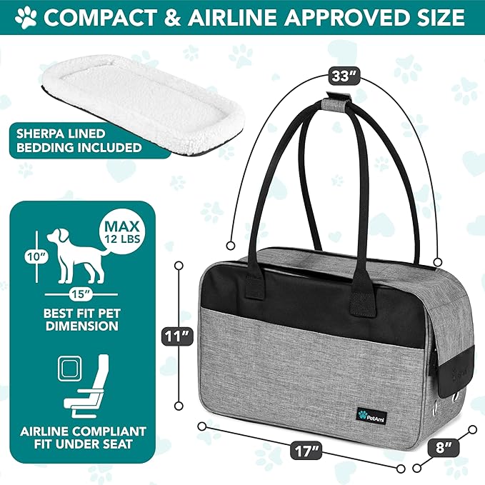 PetAmi Dog Purse Carrier for Small Dogs Cats, TSA Airline Approved Soft-Sided Pet Carrier with Pockets, Ventilated Travel Tote Bag with Bed & Shoulder Strap, Puppy Kitten, Max 12 lbs, Heather Grey