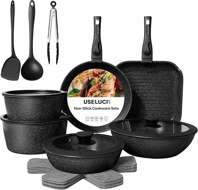 20 Pcs Pots and Pans Set Non Stick, Stackable Cookware Sets with Detachable Handle, Granite Induction RV Kitchen Portable Cooking Set Removable Handles, Dishwasher ＆ Oven Safe, Black
