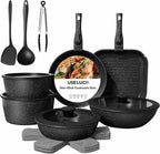 20 Pcs Pots and Pans Set Non Stick, Stackable Cookware Sets with Detachable Handle, Granite Induction RV Kitchen Portable Cooking Set Removable Handles, Dishwasher ＆ Oven Safe, Black