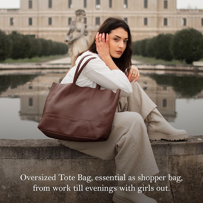 Italian Leather Tote Bag for Women - Large Shoulder Shopper, Fits 16” Laptop, Keychain Holder, Made in Italy