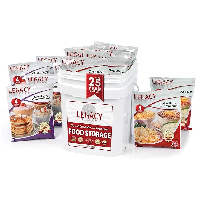 Legacy Food Storage 60 Serving Emergency Food Supply Bucket, 10 Entrees, 4 Breakfasts, 24,520 Total Calories, Shelf Stable Breakfast Lunch & Dinner, Freeze Dried Survival Meals for MRE Camping, Hiking, Prepping