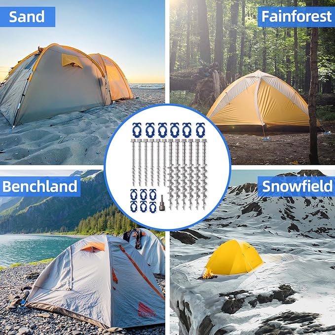 ‎Homeon Wheels 12 Pcs Camping Ground Anchors Aluminum Screw Heavy Duty Metal Non-Rust Cast Tent Anchors in Kit for Securing Animals, Tents, Canopies, Sheds, Car Ports, Swing Sets Outdoors Beach