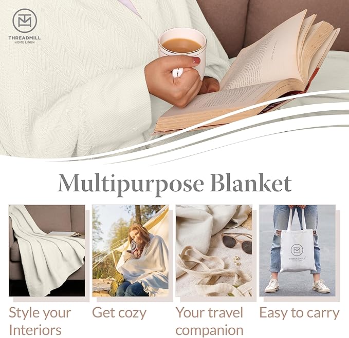 Threadmill Luxury Cotton Blankets for Twin Size Bed | All-Season 100% Cotton Twin Blanket for Bed | Herringbone Soft & Cozy Fall Thermal Blanket, 350GSM, 68x92 inches | Tusk White
