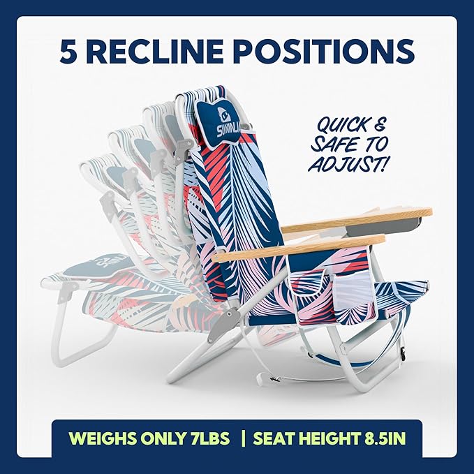 SUN NINJA Beach Chair – Folding Chair for Beach with 5 Reclining Positions, Cup & Phone Holder, Insulated Back Storage Pouch, Portable Lightweight Aluminum Frame - Palm Tree - 2pc