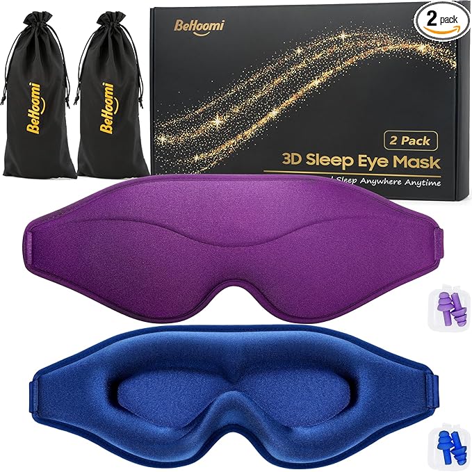 Sleep Mask, 2 Packs Premium Eye Mask for Sleeping, Total Blackout, Superior Soft Comfort, Upgraded 3D Ergonomic Designed Sleeping Mask for Home, Office, Travel, Meditation, Yoga, Blue & Purple