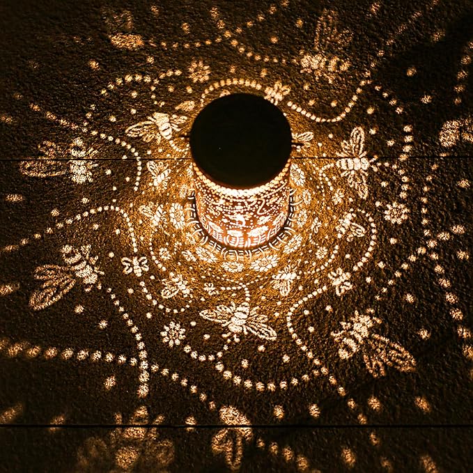 2 Pack Bee Outdoor Solar Hanging Lanterns Waterproof LED Solar Lights Metal Decorative Lanterns for Garden, Patio, Courtyard, Backyard, Yard Decor Unique Bee Gifts for Women Gardening