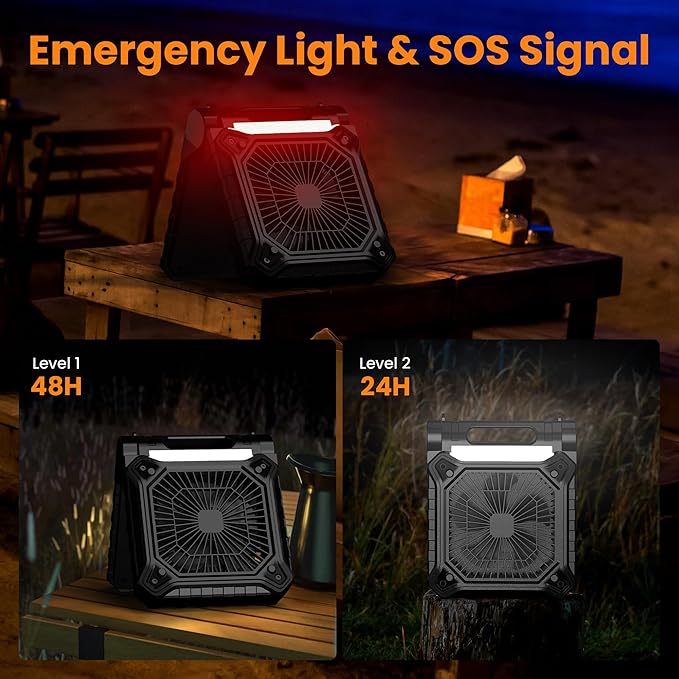 KITWLEMEN 10.2 Inch Solar Camping Fan with Light- Rechargeable Battery Operated Fan, 38H Run Time, 3 Speed, 6H Timer, SOS Signal, Portable Desk Fan for Camping Fishing RV Trips Hurricane Power Outage