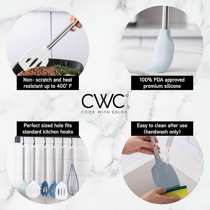 COOK WITH COLOR Silicone Cooking Utensils, Kitchen Utensil Set, Easy to Clean Silicone Kitchen Utensils, Cooking Utensils for Nonstick Cookware, Kitchen Gadgets Set, 10 Pieces, Blue and White
