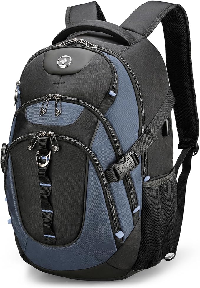 Swissdigital Design Laptop Backpack, Travel Backpack with USB Charging Port Fits 15.6 inches Computer, 31L College School Bookbag for Men,Haze Blue/Black | SD803-16