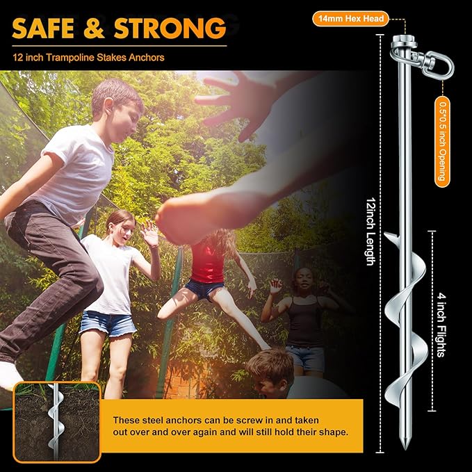 Zhengmy 36 Pcs Ground Anchors Screw in, 12 Inch Heavy Duty Tent Stakes with Trampoline Anchor Hook Ground Stakes for Camping Tent Canopies Ports Sheds Swing Sets Securing Animals (Silver)